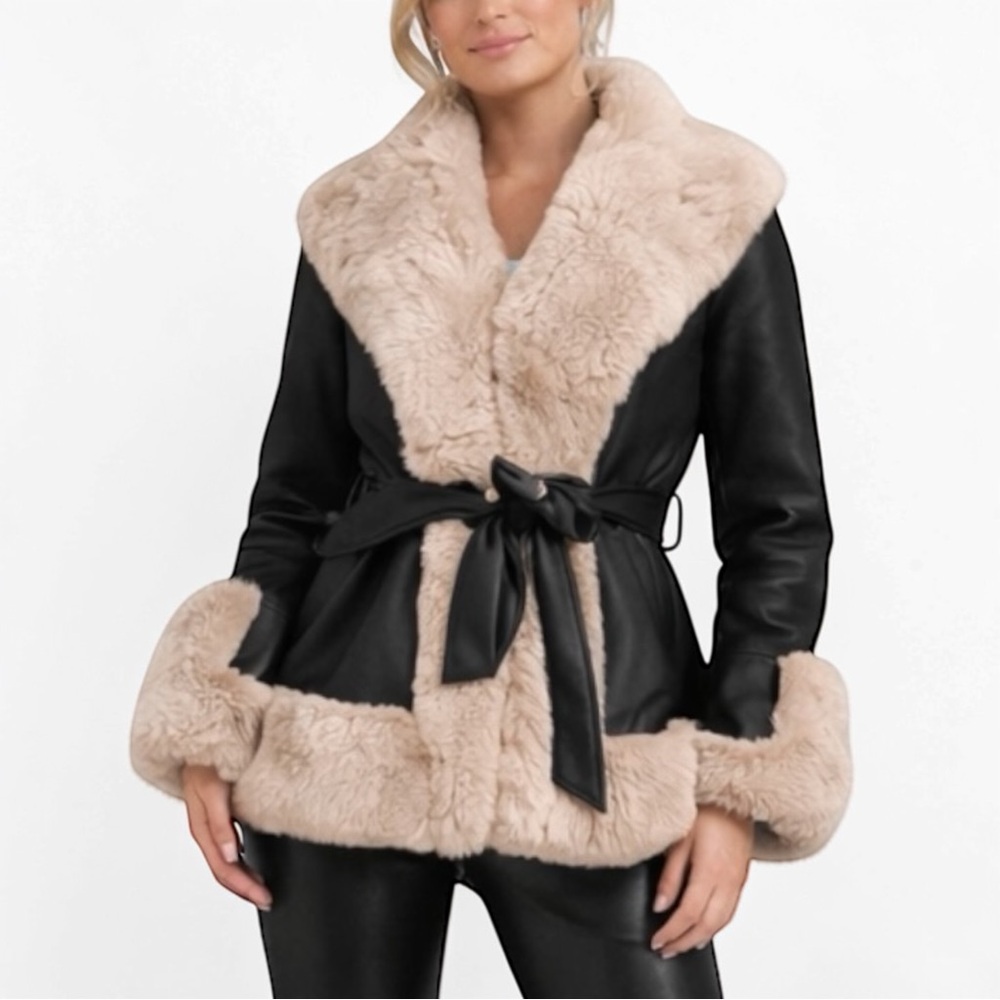Kimberly Faux Shearling Belted Leather Coat Black Tan / TU-LX Exclusive NWT XL